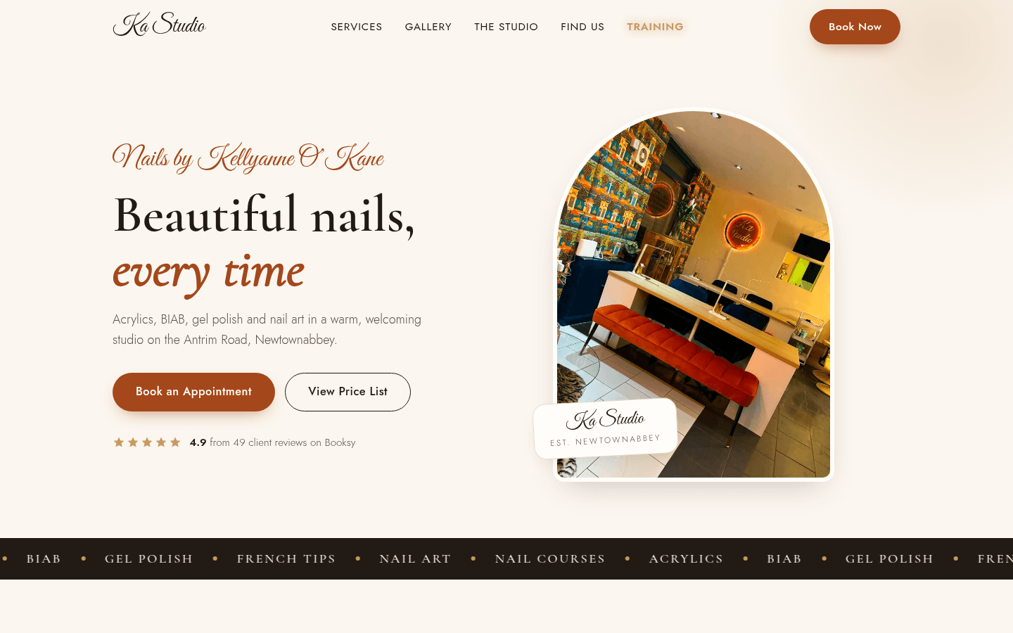 The website built for Ka Studio, a nail salon in Newtownabbey