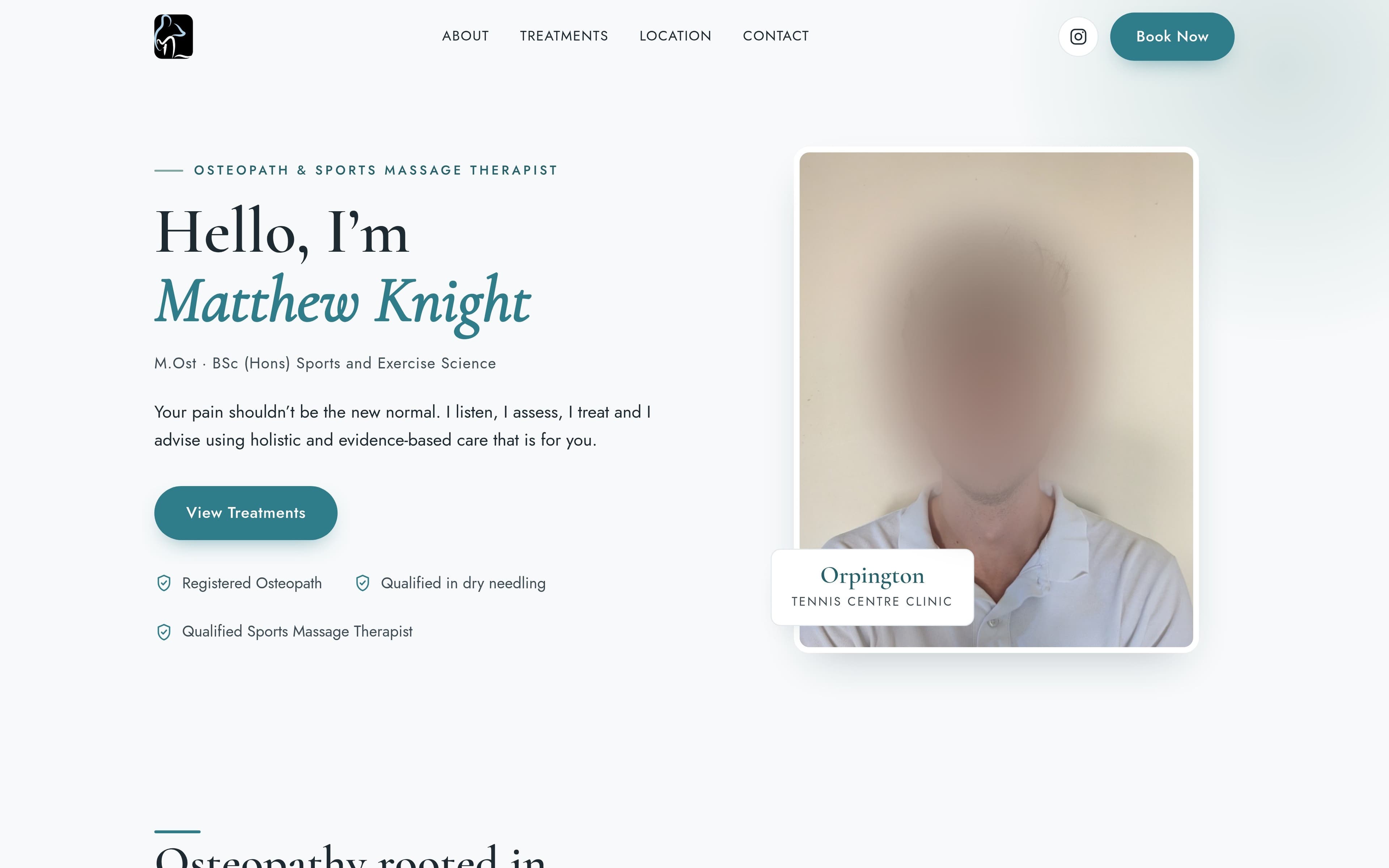The website built for Matthew Knight, an osteopath in Orpington